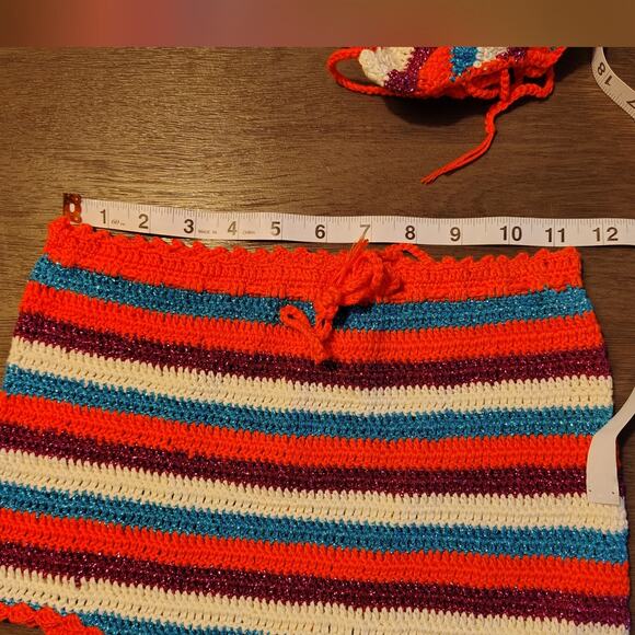 ROSE CARMINE Metallic Crochet-Knit Cotton Stripe Bikini Set Top M/L Bottoms 2 - Picture 6 of 16